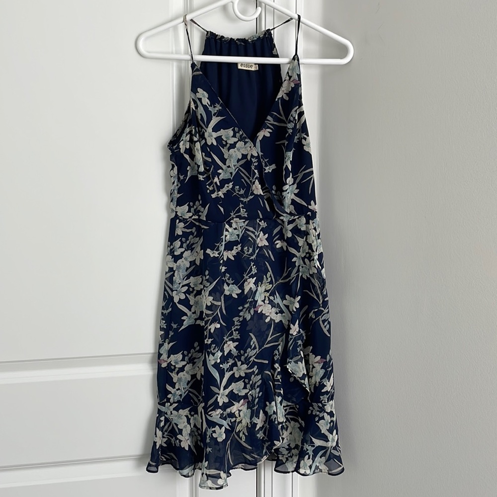 Essa Navy Blue Floral Print Sleeveless MIDI Dress Size Small